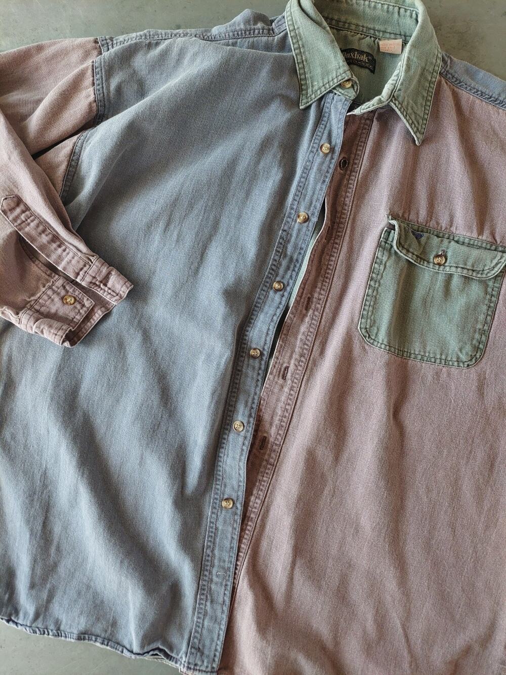 Vintage 90s Duxbak XL Denim Colorblock Collared Cotton Longsleeve Shirt
